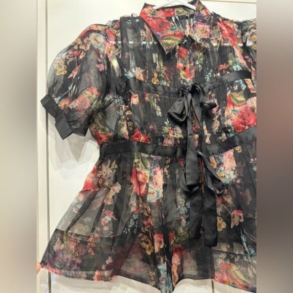 NWT Size L - Anthropologie Short-Sleeve Tie-Front Sheer Blouse (NWT US$ 118) - Picture 9 of 16